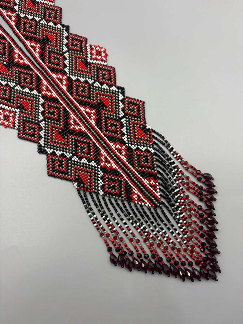Red & Black Geometric Beaded Necklace - Women’s Statement Jewelry